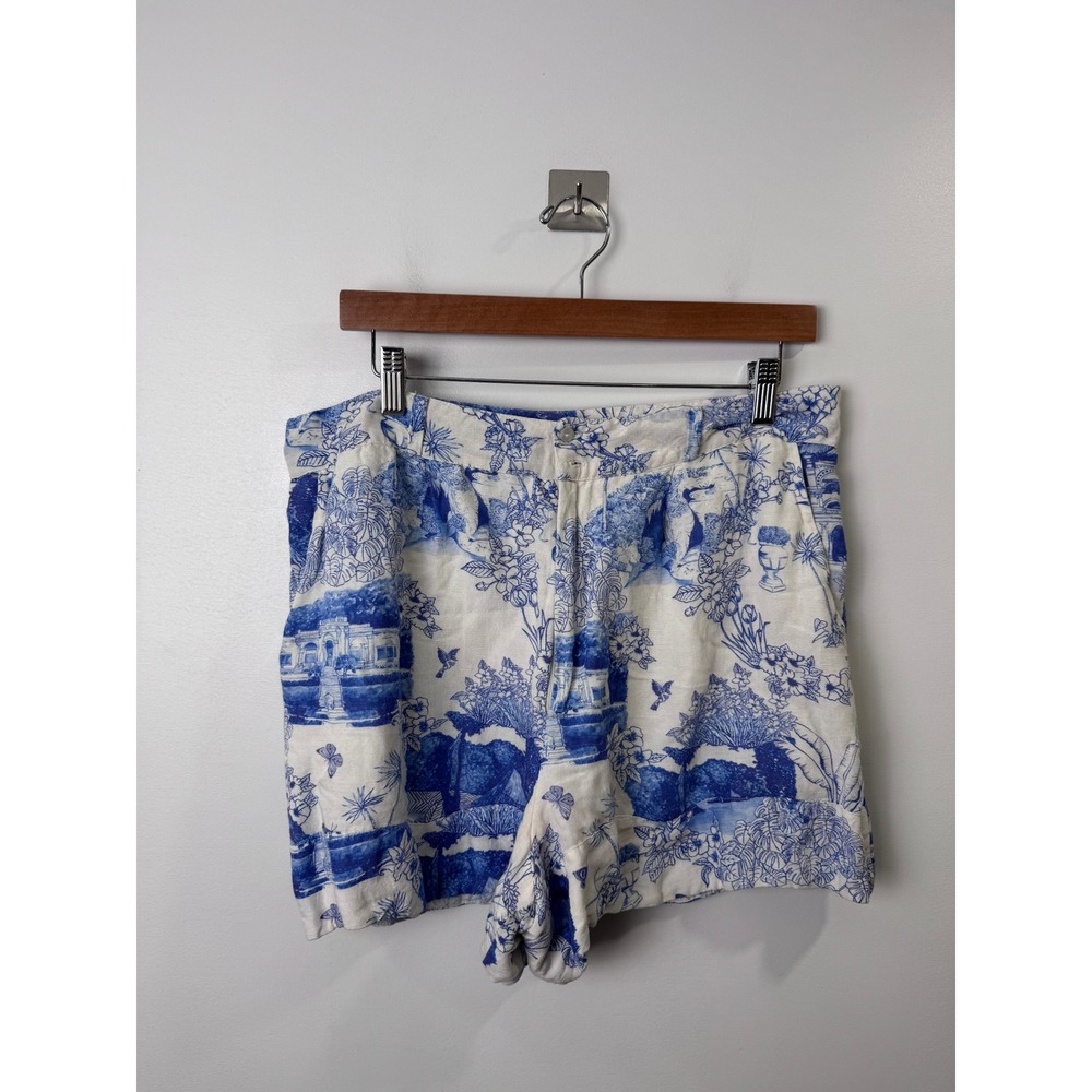 Farm Rio Women Blue Toile Tropical Print Linen Blend Shorts Vacation Boho Large